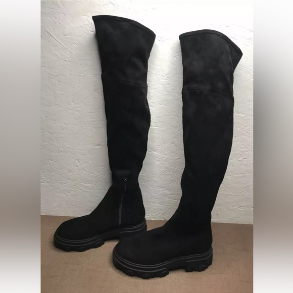 CALVIN KLEIN Size 7.5M Black Stretch Textile Over the Knee Boots, Lug Soles - Picture 1 of 13